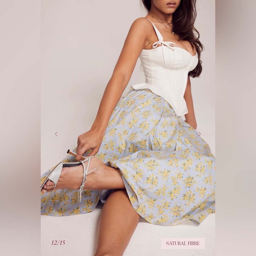 House of CB CORA Soft Blue Vintage Floral Print Cotton Midi Skirt - Picture 10 of 15